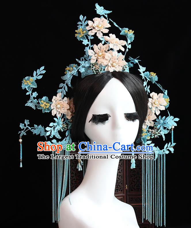 Traditional Chinese Bride Blue Phoenix Coronet Headdress Ancient Wedding Hair Accessories for Women