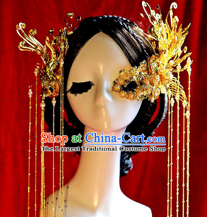 Traditional Chinese Bride Golden Phoenix Tassel Hair Clasp Headdress Ancient Wedding Hair Accessories for Women