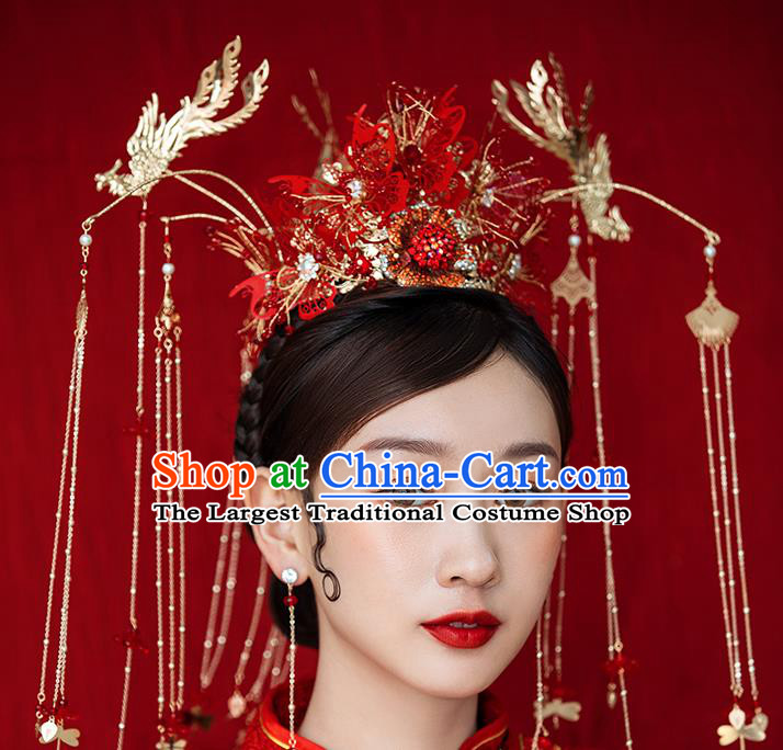 Traditional Chinese Bride Red Butterfly Phoenix Coronet Headdress Ancient Wedding Hair Accessories for Women