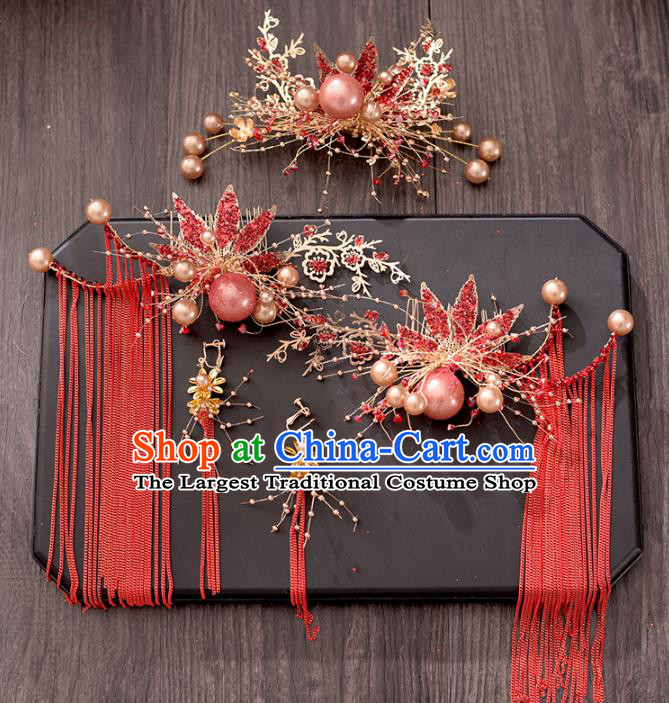 Traditional Chinese Bride Hair Crown Red Tassel Hairpins Headdress Ancient Wedding Hair Accessories for Women