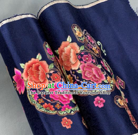 Chinese Traditional Classical Embroidered Peony Pattern Design Deep Blue Silk Fabric Asian Hanfu Material
