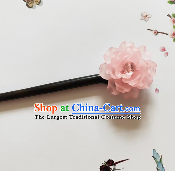 Traditional Chinese Pink Peony Ebony Hairpin Headdress Ancient Court Hair Accessories for Women