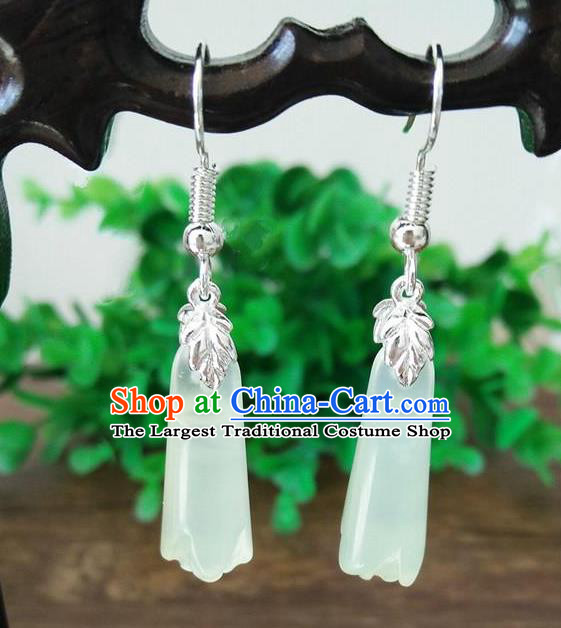 Traditional Chinese Handmade Jade Magnolia Earrings Ancient Hanfu Ear Accessories for Women