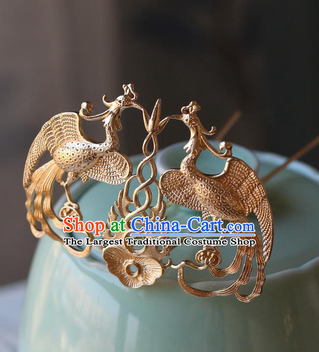 Traditional Chinese Tang Dynasty Phoenix Golden Hairpins Headdress Ancient Court Hair Accessories for Women