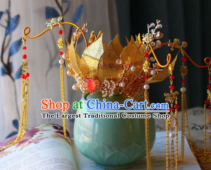 Traditional Chinese Tang Dynasty Golden Lotus Phoenix Coronet Headdress Ancient Wedding Hair Accessories for Women