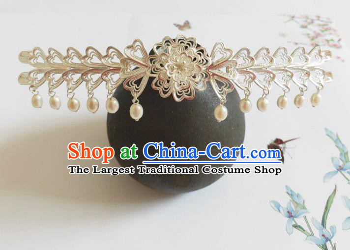 Traditional Chinese Tang Dynasty Pearls Tassel Argent Hairpin Headdress Ancient Court Hair Accessories for Women