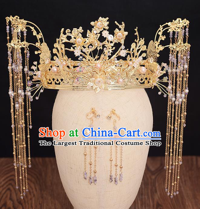 Traditional Chinese Bride Pearls Phoenix Coronet Headdress Ancient Wedding Hair Accessories for Women