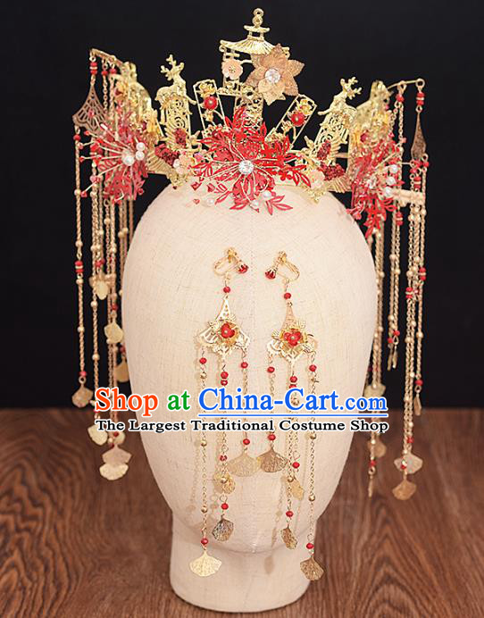 Traditional Chinese Bride Golden Deer Phoenix Coronet Headdress Ancient Wedding Hair Accessories for Women