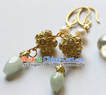 Traditional Chinese Handmade Jade Golden Earrings Ancient Hanfu Ear Accessories for Women