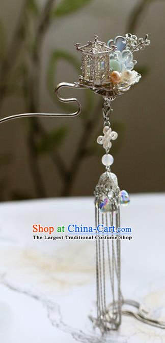 Traditional Chinese Palace Argent Tassel Hairpins Headdress Ancient Court Hair Accessories for Women