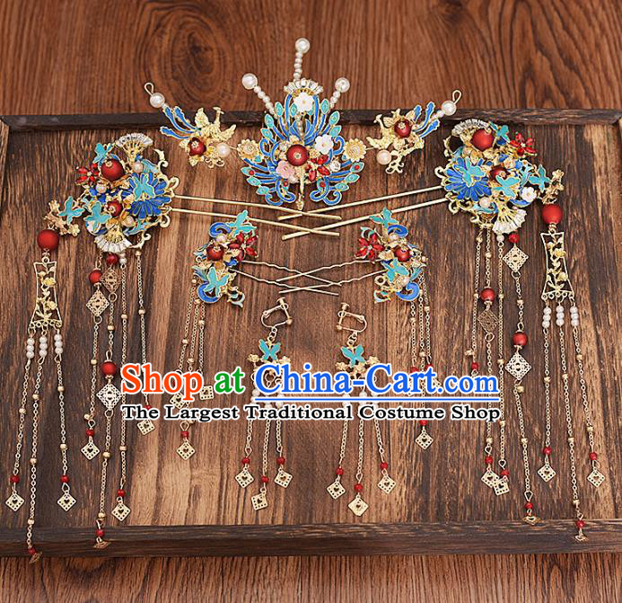 Traditional Chinese Bride Cloisonne Phoenix Hair Comb Hairpins Headdress Ancient Wedding Hair Accessories for Women