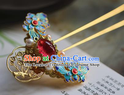 Traditional Chinese Palace Cloisonne Garnet Hairpin Headdress Ancient Court Hair Accessories for Women