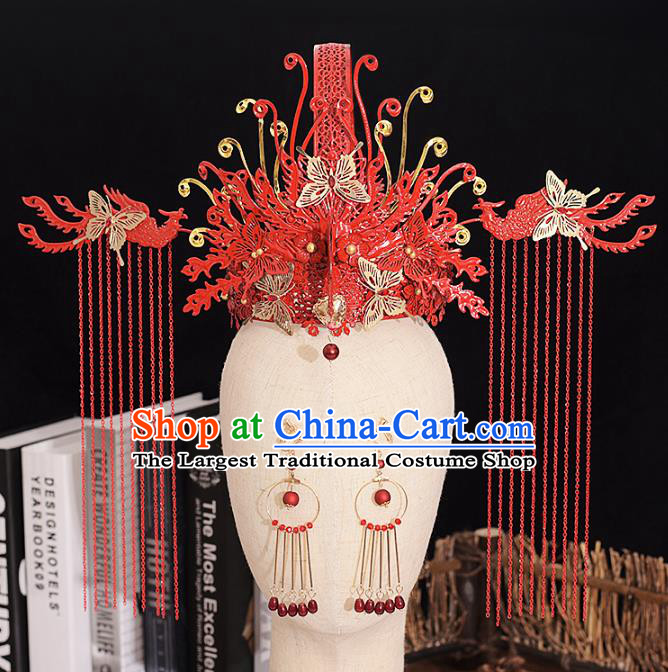 Traditional Chinese Bride Butterfly Red Phoenix Coronet Headdress Ancient Wedding Hair Accessories for Women