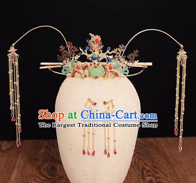 Traditional Chinese Bride Jade Lotus Phoenix Coronet Headdress Ancient Wedding Hair Accessories for Women