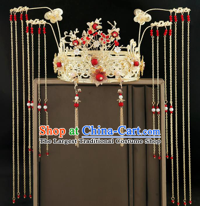 Traditional Chinese Bride Golden Carving Phoenix Coronet Headdress Ancient Wedding Hair Accessories for Women