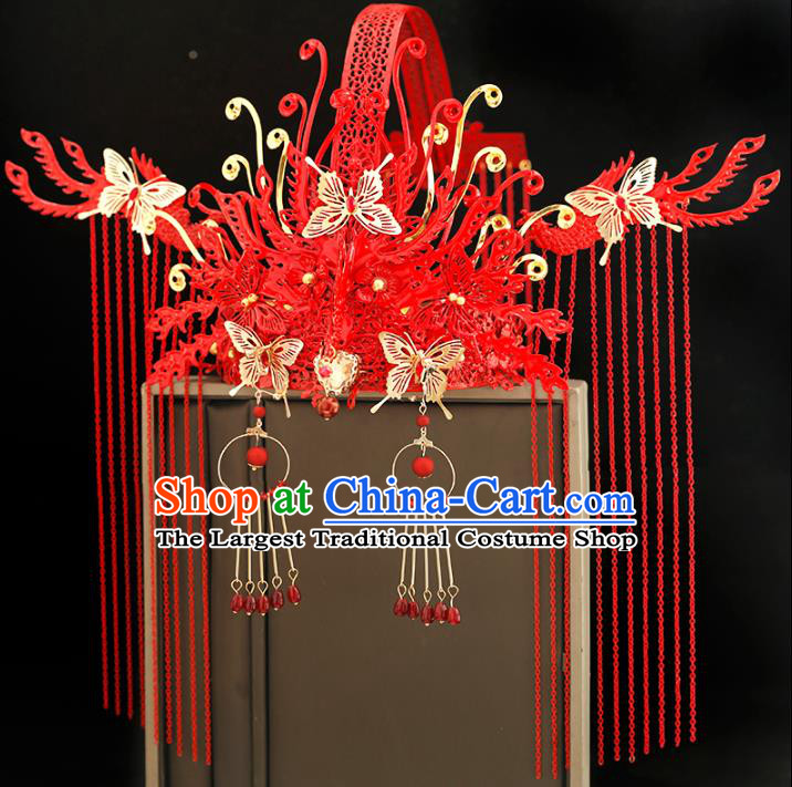 Traditional Chinese Bride Red Tassel Phoenix Coronet Headdress Ancient Wedding Hair Accessories for Women