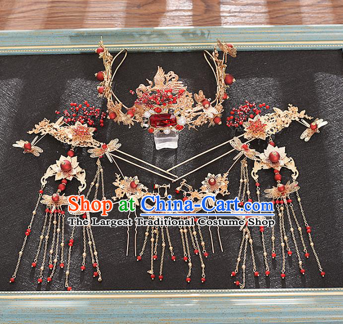 Traditional Chinese Bride Red Crane Hair Crown and Hairpins Headdress Ancient Wedding Hair Accessories for Women