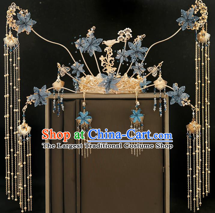 Traditional Chinese Bride Tassel Blue Flowers Phoenix Coronet Headdress Ancient Wedding Hair Accessories for Women