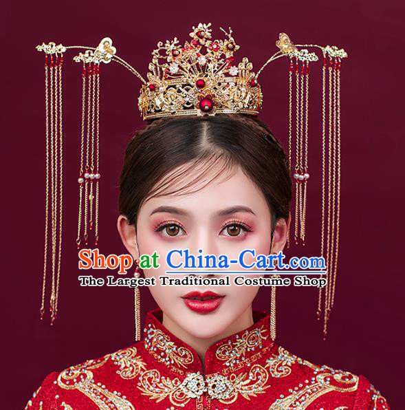 Traditional Chinese Bride Golden Hair Coronet Headdress Ancient Wedding Hair Accessories for Women