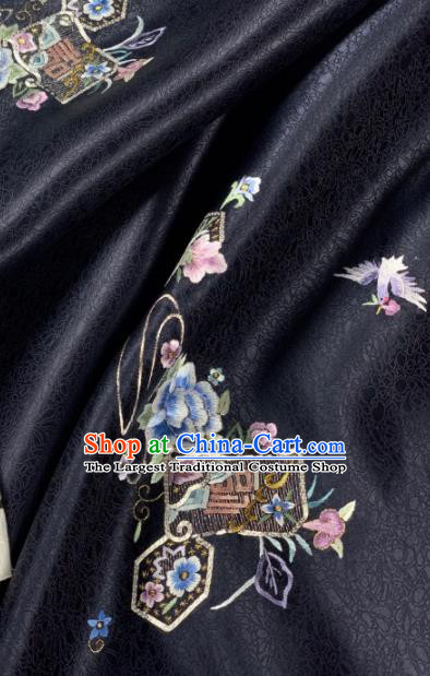 Chinese Traditional Embroidered Crane Flowers Pattern Design Black Silk Fabric Asian Hanfu Material