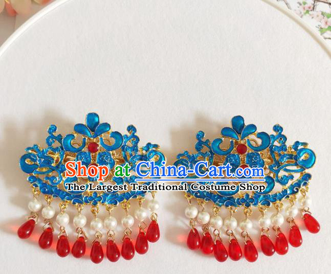 Traditional Chinese Qing Dynasty Blueing Hairpins Headdress Ancient Court Hair Accessories for Women