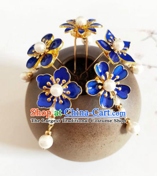 Traditional Chinese Little Royalblue Plum Blossom Hairpins Headdress Ancient Court Hair Accessories for Women