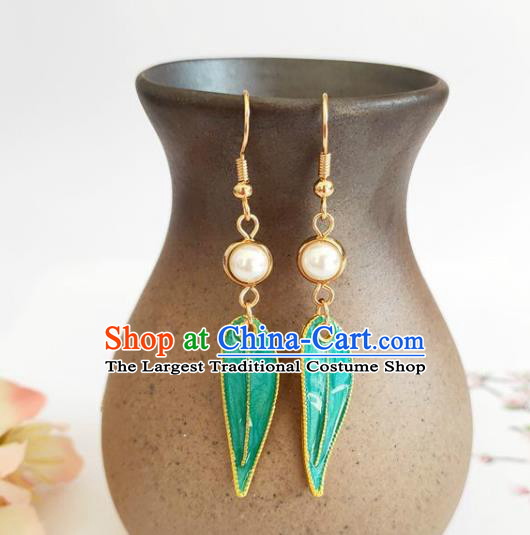 Traditional Chinese Handmade Green Bamboo Leaf Earrings Ancient Hanfu Ear Accessories for Women