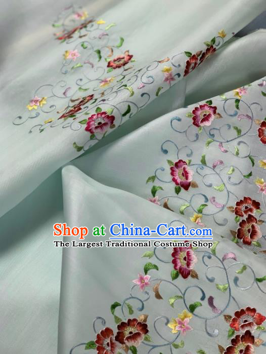 Chinese Traditional Embroidered Flowers Pattern Design Light Green Silk Fabric Asian Hanfu Material