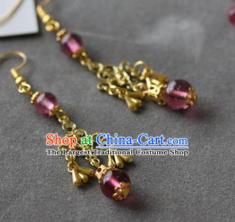 Traditional Chinese Handmade Purple Beads Earrings Ancient Hanfu Ear Accessories for Women