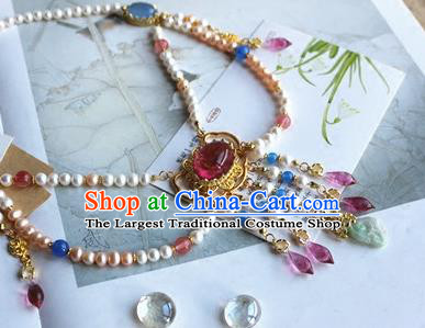 Traditional Chinese Handmade Garnet Necklace Ancient Hanfu Pearls Necklet Accessories for Women