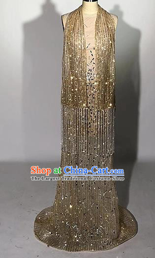 Top Grade Modern Dance Golden Paillette Trailing Full Dress Catwalks Compere Costume for Women