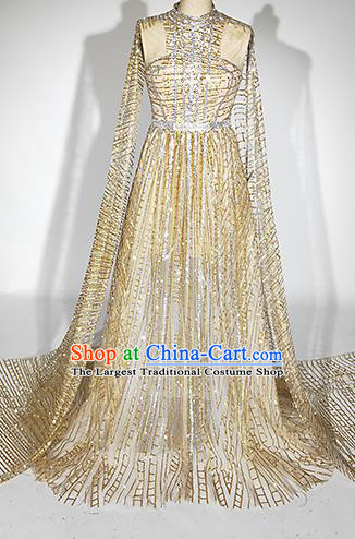 Top Grade Modern Dance Golden Trailing Full Dress Catwalks Compere Costume for Women