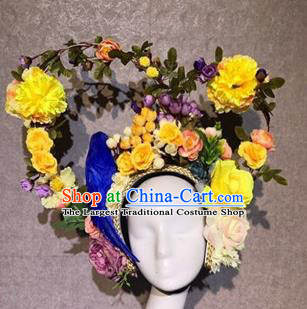 Traditional Chinese Stage Show Yellow Flowers Hair Crown Headdress Handmade Catwalks Hair Accessories for Women