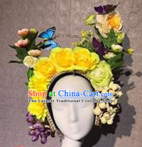 Traditional Chinese Stage Show Yellow Roses Hair Crown Headdress Handmade Catwalks Hair Accessories for Women