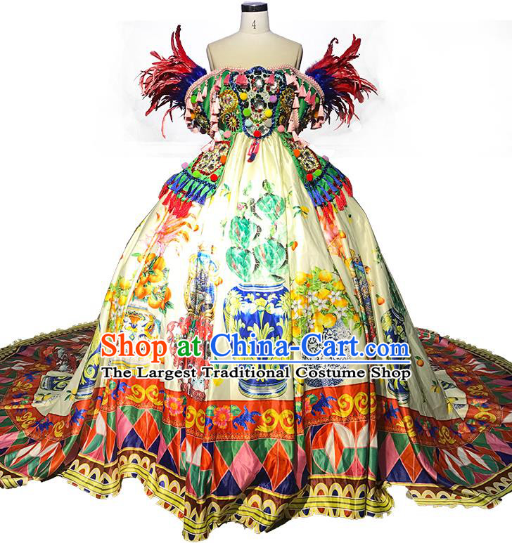 Top Grade Modern Dance Printing Trailing Full Dress Catwalks Compere Costume for Women