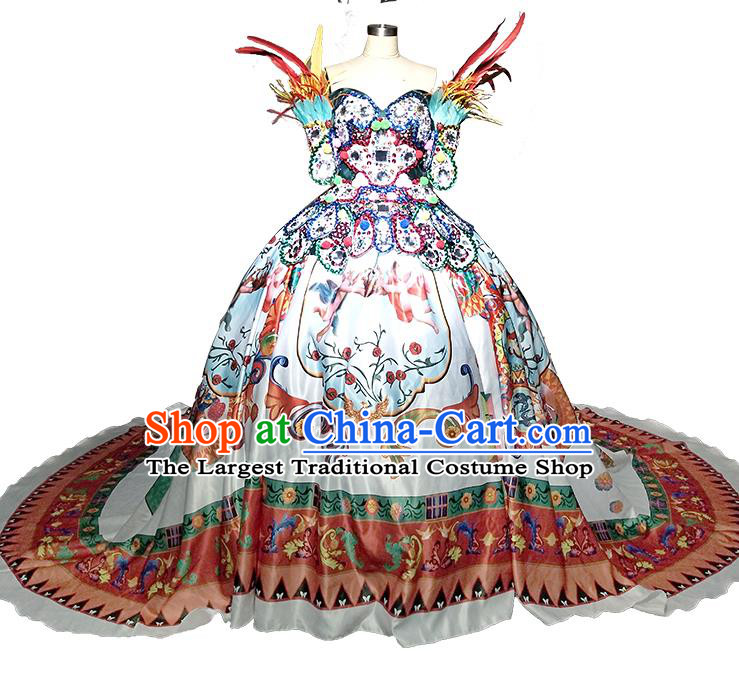 Top Grade Modern Dance Printing White Trailing Full Dress Catwalks Compere Costume for Women