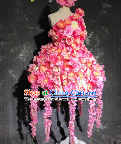 Top Grade Modern Dance Fairy Pink Flowers Short Dress Catwalks Compere Costume for Women