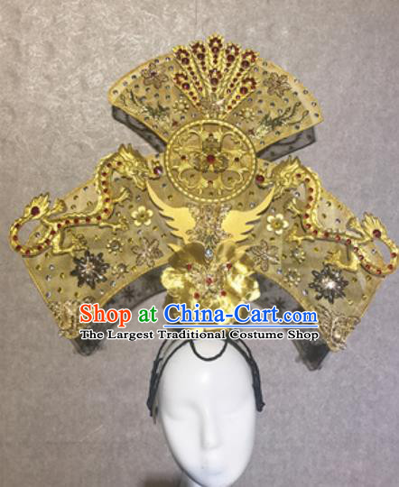 Traditional Chinese Court Deluxe Golden Dragon Hat Headdress Handmade Catwalks Stage Show Hair Accessories for Women