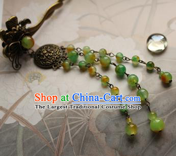 Traditional Chinese Bride Green Beads Tassel Hairpin Headdress Ancient Court Hair Accessories for Women