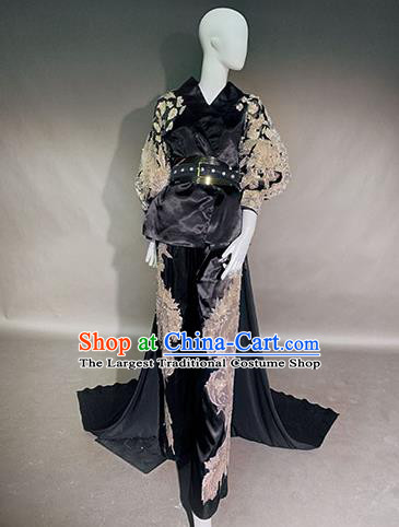 Top Grade Modern Dance Compere Black Full Dress Catwalks Embroidered Costume for Women