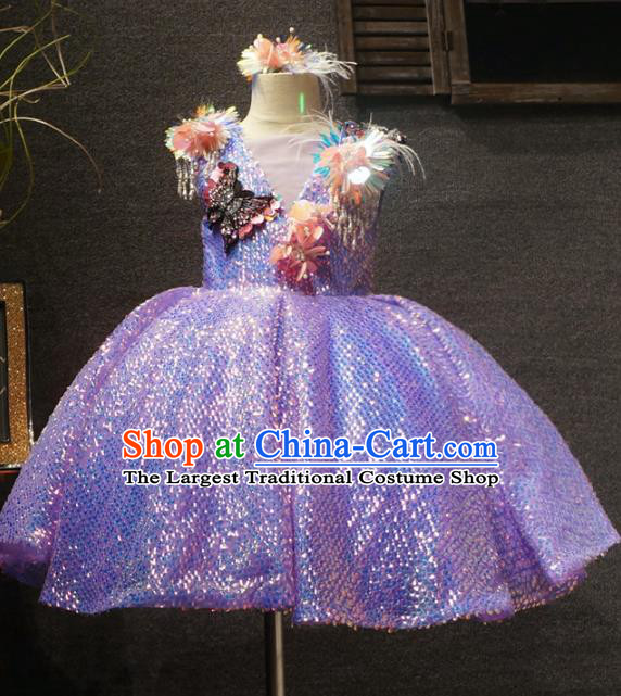 Top Grade Children Princess Lilac Sequins Dress Catwalks Stage Show Birthday Costume for Kids