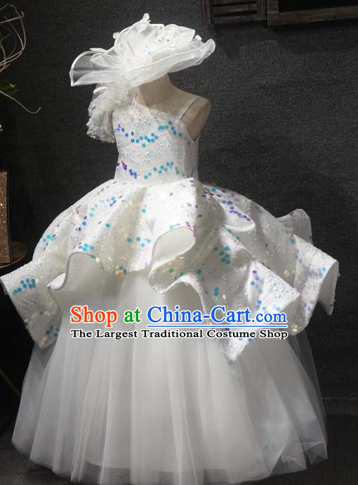 Top Grade Children Piano Performance White Full Dress Catwalks Stage Show Birthday Costume for Kids