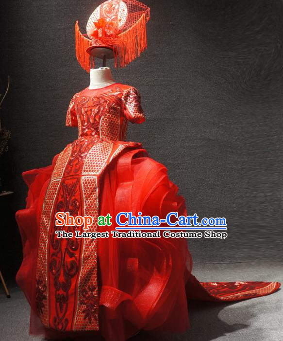 Traditional Chinese Compere Embroidered Red Dress Catwalks Stage Show Costume for Kids