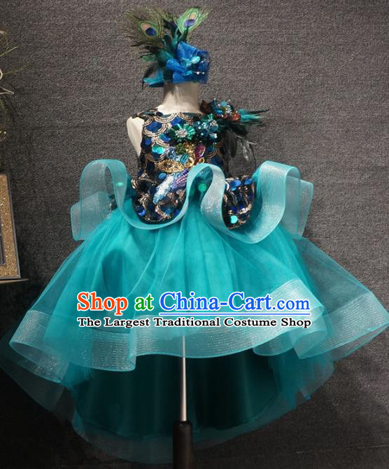 Top Grade Children Day Performance Green Short Dress Catwalks Stage Show Birthday Costume for Kids