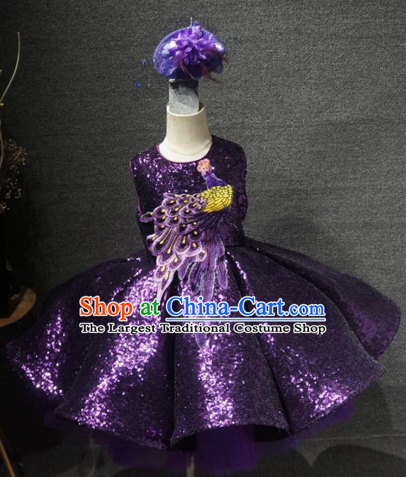 Top Grade Children Day Performance Embroidered Peacock Purple Short Dress Catwalks Stage Show Birthday Costume for Kids