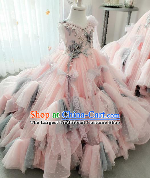 Top Grade Children Day Performance Pink Veil Full Dress Catwalks Stage Show Birthday Costume for Kids