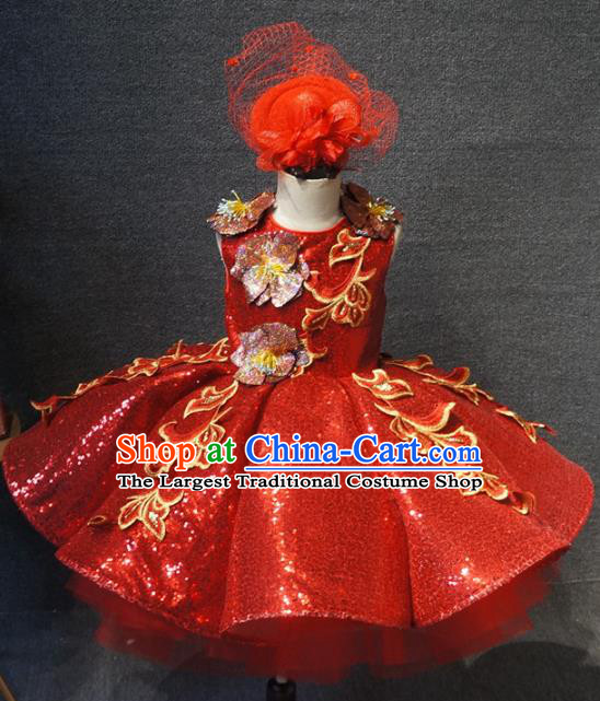 Top Grade Children Day Dance Performance Red Short Dress Catwalks Stage Show Birthday Costume for Kids