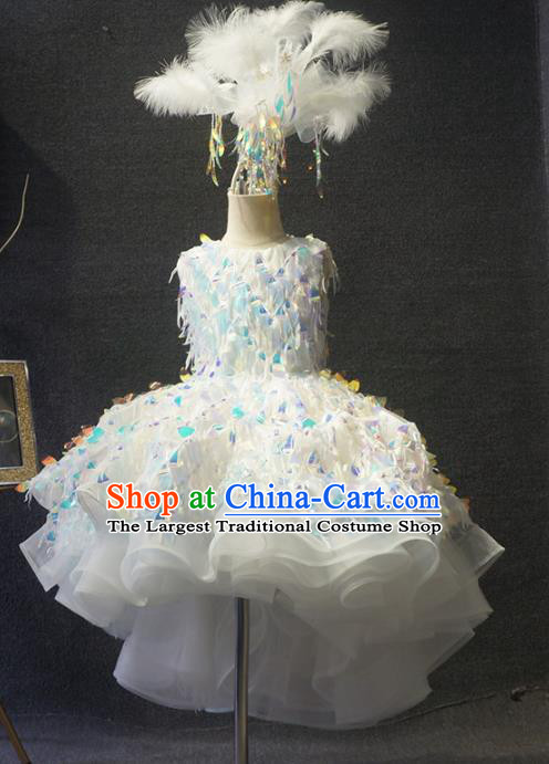 Top Grade Children Day Dance Performance Sequins White Dress Catwalks Stage Show Birthday Costume for Kids