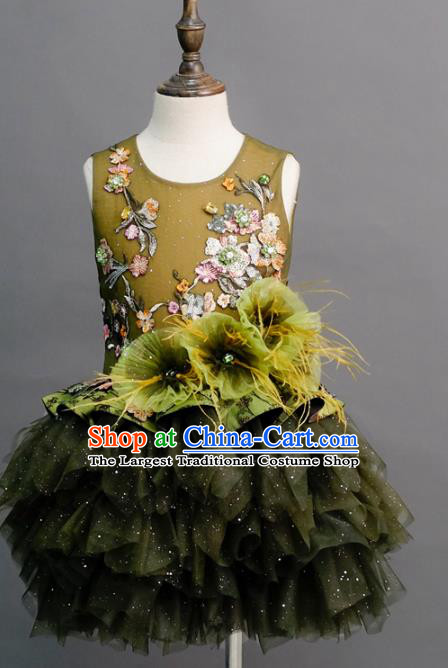 Top Children Compere Olive Green Short Full Dress Catwalks Princess Stage Show Dance Costume for Kids