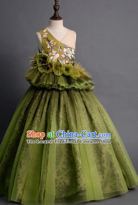 Top Children Princess Compere Green Veil Full Dress Catwalks Stage Show Dance Costume for Kids